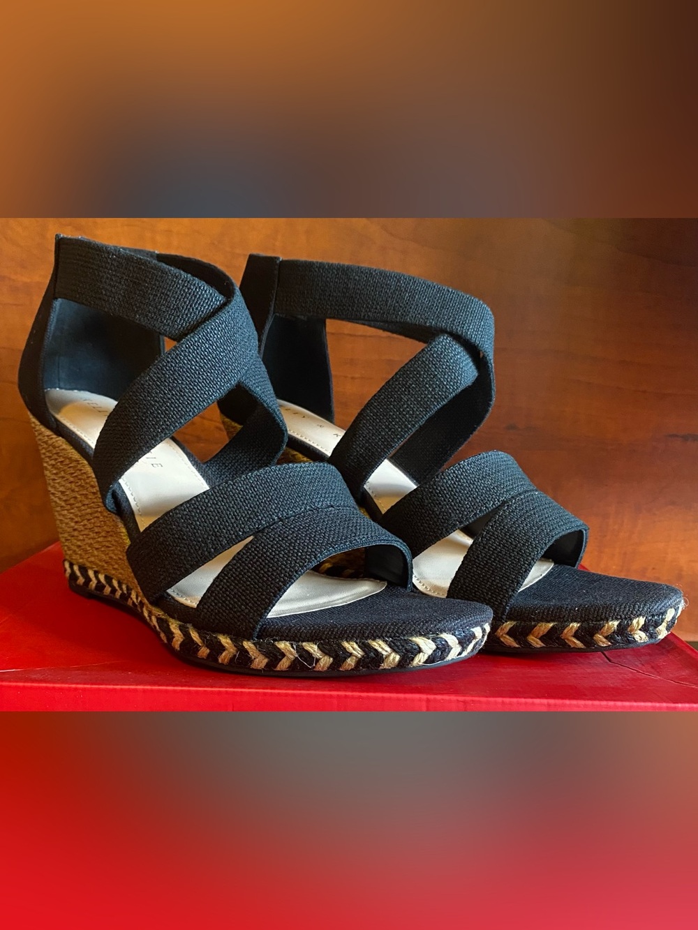 Kelly & Katie Black Strappy Espadrille Wedge Sandals. Size 9. 3 1/2” Wedge.
